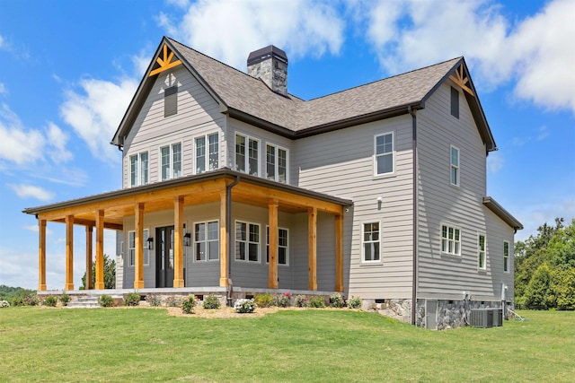 621 Bascule Ridge Ln, Campobello, SC 29322 - view of front of home featuring a chimney, covered porch, a front lawn, and roof with shingles
