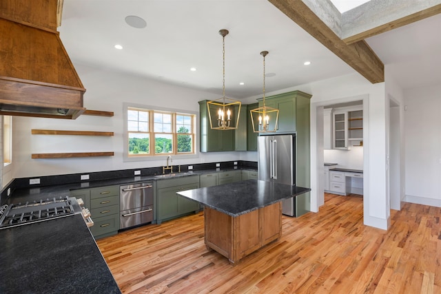 621 Bascule Ridge Ln, Campobello, SC 29322 - kitchen featuring green cabinets, high end fridge, open shelves, light wood-style floors, and recessed lighting