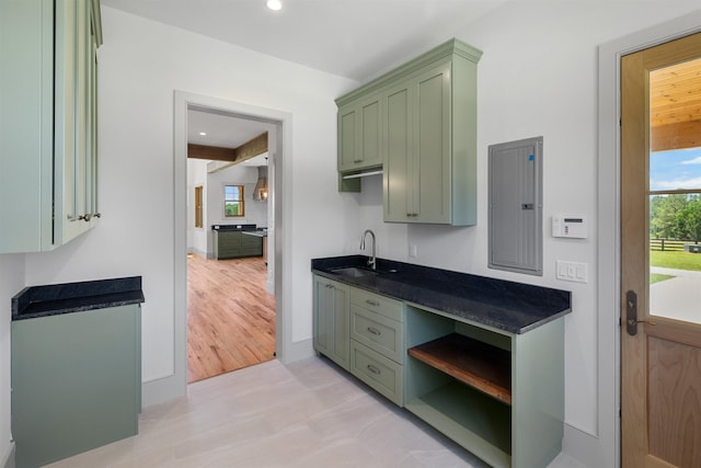 621 Bascule Ridge Ln, Campobello, SC 29322 - kitchen with green cabinetry, electric panel, recessed lighting, and beam ceiling