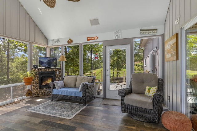 346 Bub Dr, Chesnee, SC 29323 - sunroom / solarium with lofted ceiling, healthy amount of natural light, an outdoor living space with a fireplace, and ceiling fan