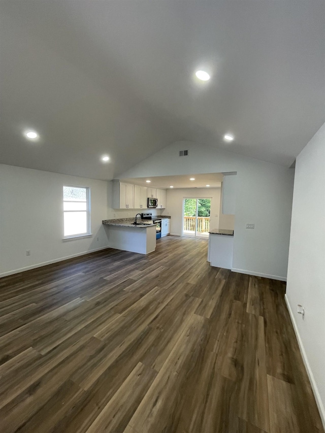 631 S Center St, Spartanburg, SC 29301 - unfurnished living room featuring dark wood-style floors, healthy amount of natural light, vaulted ceiling, and recessed lighting
