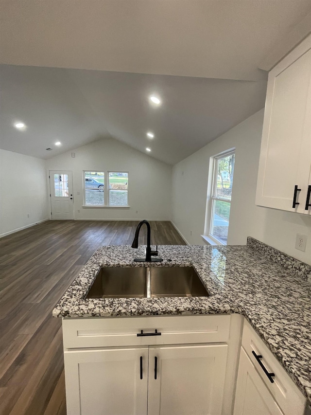 631 S Center St, Spartanburg, SC 29301 - kitchen featuring dark wood finished floors, open floor plan, dark stone countertops, vaulted ceiling, and plenty of natural light