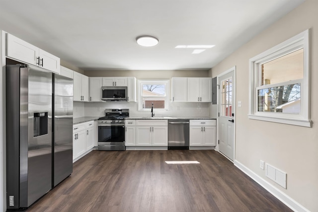306 Fernwood Dr, Spartanburg, SC 29307 - kitchen featuring appliances with stainless steel finishes, white cabinets, dark wood finished floors, and backsplash