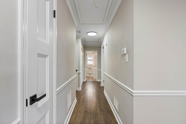 306 Fernwood Dr, Spartanburg, SC 29307 - corridor with dark wood-style floors, ornamental molding, and attic access