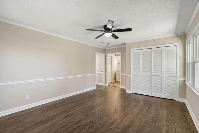 306 Fernwood Dr, Spartanburg, SC 29307 - unfurnished bedroom featuring wood finished floors, a closet, a textured ceiling, a ceiling fan, and ornamental molding