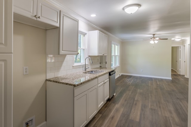 201 Bent Creek Dr, Greer, SC 29650 - kitchen with dishwasher, light stone counters, decorative backsplash, dark wood-style floors, and a ceiling fan