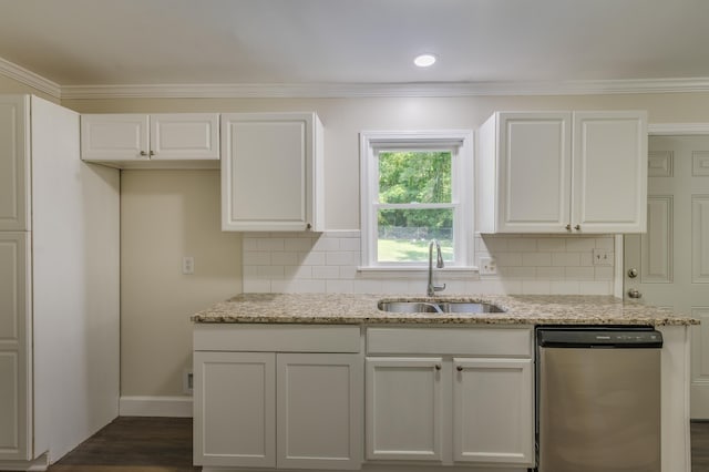 201 Bent Creek Dr, Greer, SC 29650 - kitchen featuring stainless steel dishwasher, light stone counters, backsplash, white cabinetry, and ornamental molding