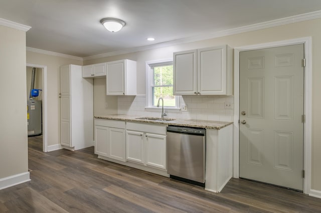 201 Bent Creek Dr, Greer, SC 29650 - kitchen featuring stainless steel dishwasher, ornamental molding, backsplash, dark wood-type flooring, and light stone countertops