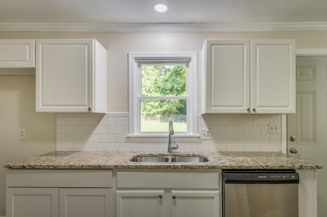 201 Bent Creek Dr, Greer, SC 29650 - kitchen with dishwasher, white cabinetry, decorative backsplash, light stone counters, and crown molding