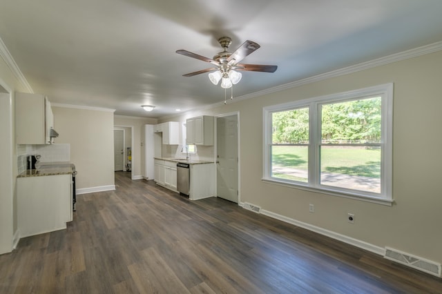 201 Bent Creek Dr, Greer, SC 29650 - kitchen with stainless steel dishwasher, ceiling fan, crown molding, white cabinetry, and dark wood-style floors
