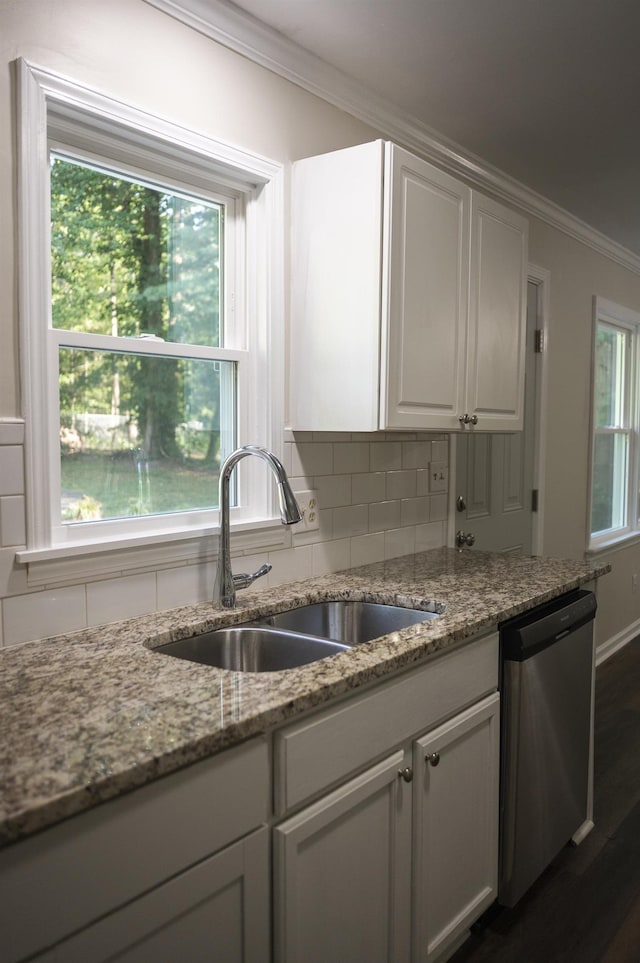 201 Bent Creek Dr, Greer, SC 29650 - kitchen featuring dishwasher, ornamental molding, white cabinets, dark wood-style flooring, and decorative backsplash