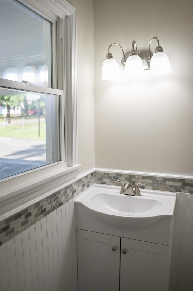 201 Bent Creek Dr, Greer, SC 29650 - bathroom with vanity, tile walls, a wainscoted wall, and radiator