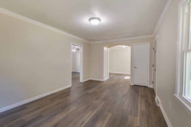 201 Bent Creek Dr, Greer, SC 29650 - spare room with arched walkways, dark wood-style flooring, and ornamental molding