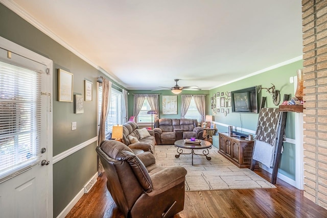849 Harvey Rd, Greer, SC 29651 - living room featuring ornamental molding, wood finished floors, and a ceiling fan