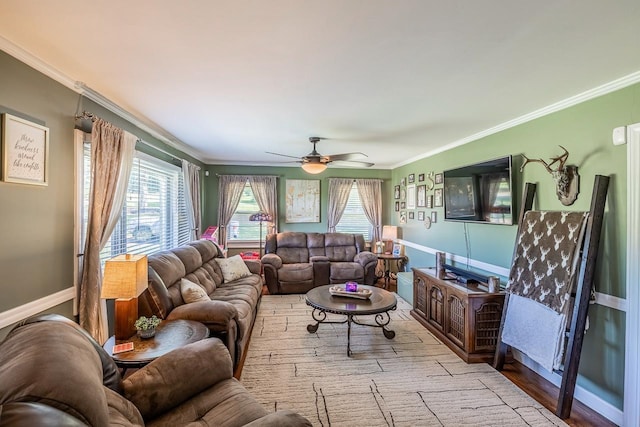 849 Harvey Rd, Greer, SC 29651 - living room with ornamental molding, ceiling fan, and wood finished floors