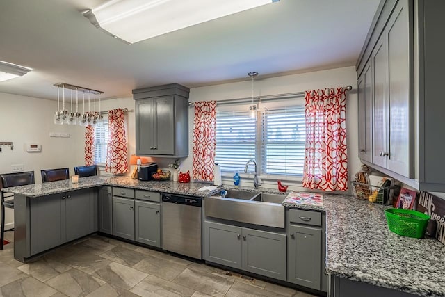 849 Harvey Rd, Greer, SC 29651 - kitchen featuring dishwasher, gray cabinets, a peninsula, hanging light fixtures, and stone countertops