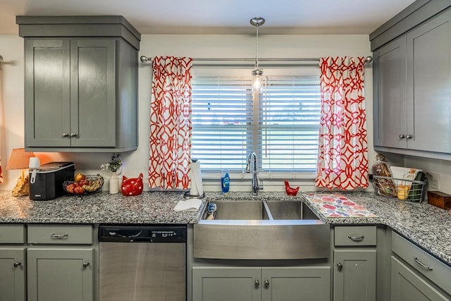 849 Harvey Rd, Greer, SC 29651 - kitchen featuring dishwasher, hanging light fixtures, gray cabinets, and stone countertops