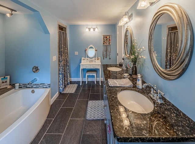 849 Harvey Rd, Greer, SC 29651 - bathroom with double vanity, a garden tub, tile patterned flooring, and curtained shower