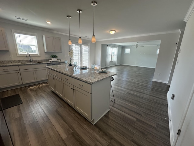 101 Deno Dr, Gaffney, SC 29341 - kitchen featuring ornamental molding, a ceiling fan, a kitchen island, dark wood-style flooring, and open floor plan