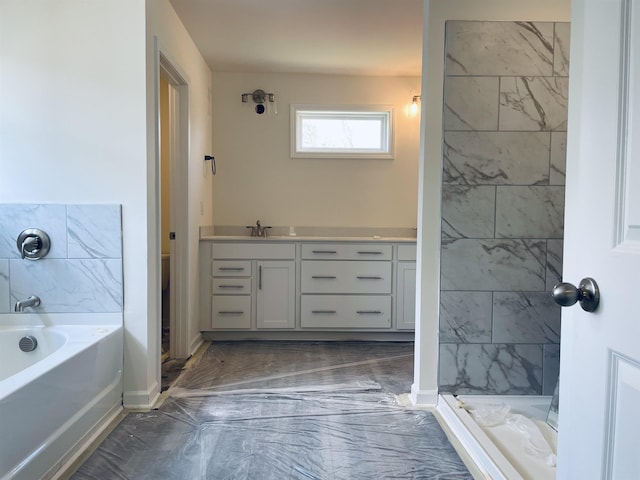 135 Hunter Ridge Dr, Boiling Springs, SC 29316 - bathroom featuring a garden tub, marble look tiles, a shower, and vanity