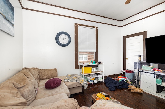 41 Chestnut St, Startex, SC 29377 - living room featuring hardwood / wood-style flooring, ceiling fan, and crown molding