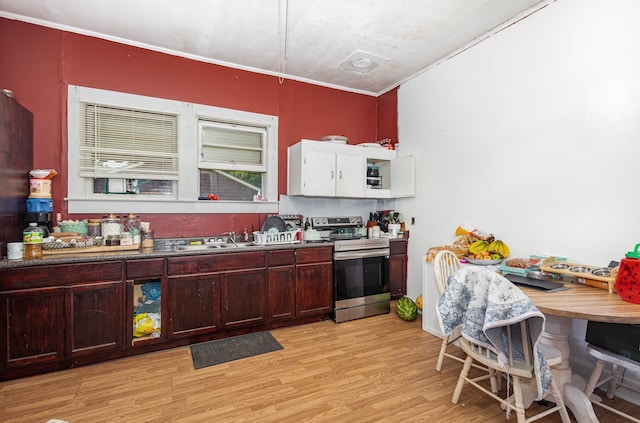 41 Chestnut St, Startex, SC 29377 - kitchen with stainless steel electric stove, light wood-type flooring, and reddish brown cabinets