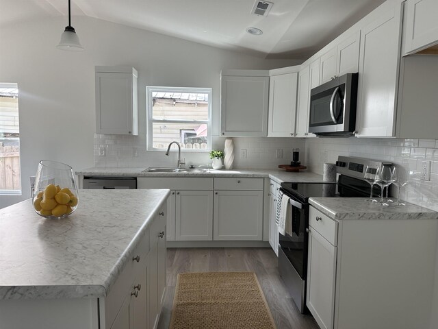 355 E Floyd Baker Blvd, Gaffney, SC 29340 - kitchen featuring appliances with stainless steel finishes, light wood-type flooring, lofted ceiling, a center island, and white cabinetry