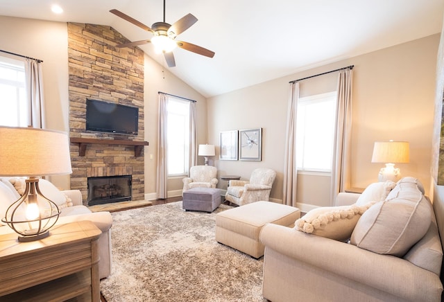 110 Coal Creek Dr, Boiling Springs, SC 29316 - living room featuring a ceiling fan, lofted ceiling, a stone fireplace, and wood finished floors
