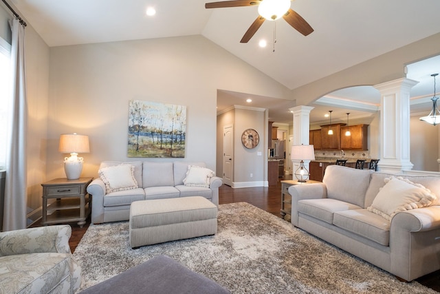 110 Coal Creek Dr, Boiling Springs, SC 29316 - living area with ornate columns, a ceiling fan, dark wood-type flooring, arched walkways, and recessed lighting