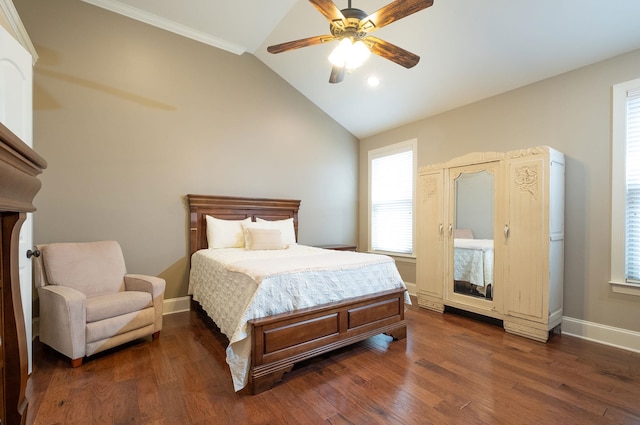 110 Coal Creek Dr, Boiling Springs, SC 29316 - bedroom with vaulted ceiling, dark wood-style flooring, multiple windows, and a ceiling fan