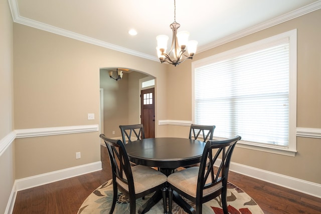 110 Coal Creek Dr, Boiling Springs, SC 29316 - dining room featuring a chandelier, arched walkways, crown molding, dark wood-style flooring, and recessed lighting