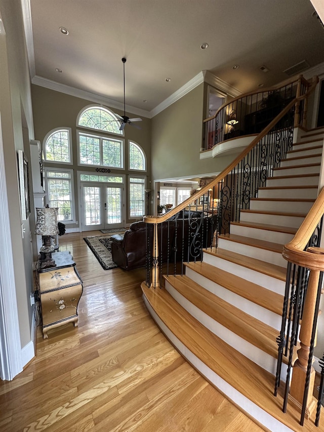 103 Welborn Oaks Way, Anderson, SC 29621 - stairway with ceiling fan, wood finished floors, ornamental molding, a towering ceiling, and recessed lighting