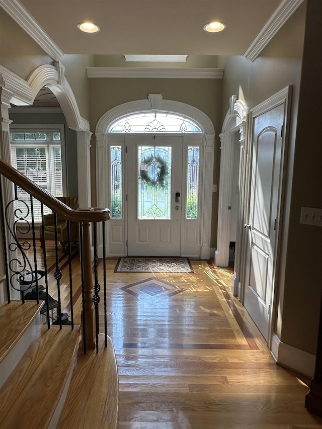 103 Welborn Oaks Way, Anderson, SC 29621 - entrance foyer featuring stairway, ornamental molding, ornate columns, recessed lighting, and light wood-style flooring