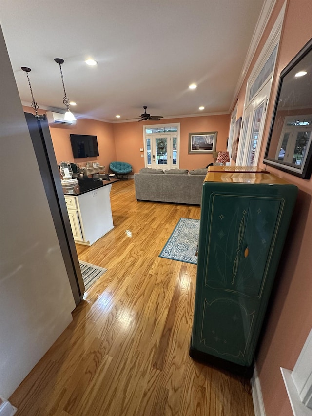 103 Welborn Oaks Way, Anderson, SC 29621 - living room with ornamental molding, wood finished floors, a ceiling fan, and recessed lighting