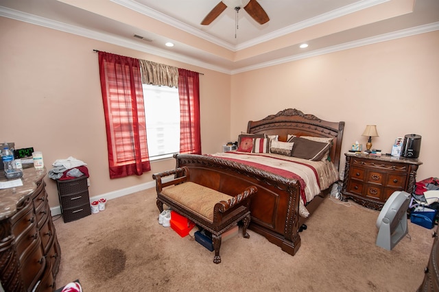 516 Abberly Ln, Boiling Springs, SC 29316 - bedroom with carpet, crown molding, a tray ceiling, a ceiling fan, and recessed lighting