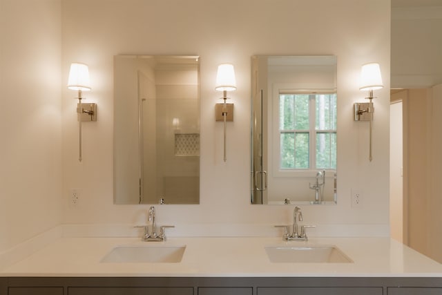 305 Meadow Tree Ct, Travelers Rest, SC 29690 - bathroom featuring double vanity and a shower with shower door
