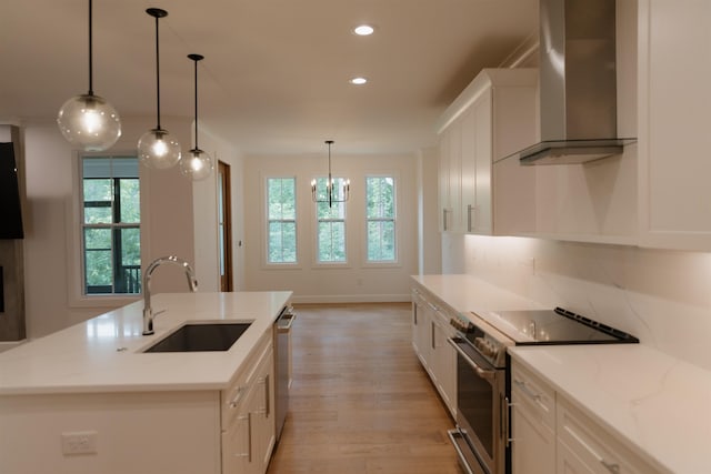 305 Meadow Tree Ct, Travelers Rest, SC 29690 - kitchen featuring appliances with stainless steel finishes, wall chimney exhaust hood, light wood-style flooring, recessed lighting, and white cabinets