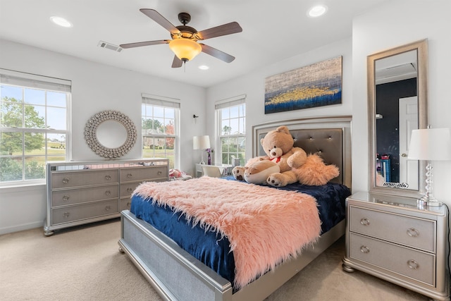 154 S Lake Emory Dr, Inman, SC 29349 - bedroom featuring light carpet, recessed lighting, and ceiling fan