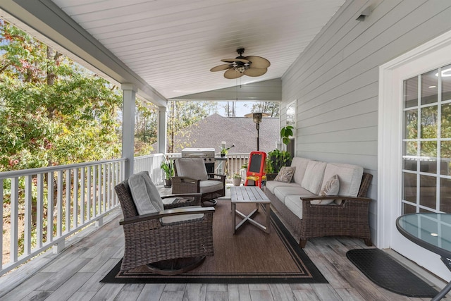154 S Lake Emory Dr, Inman, SC 29349 - wooden terrace with an outdoor living space, a ceiling fan, and grilling area