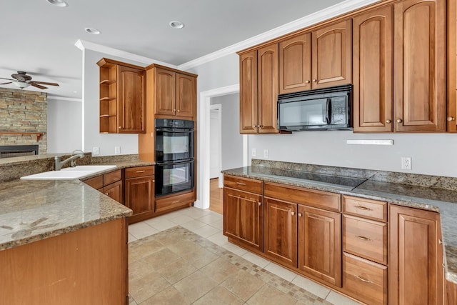 528 Carolee Way, Greer, SC 29651 - kitchen with black appliances, ceiling fan, light tile patterned floors, crown molding, and open shelves