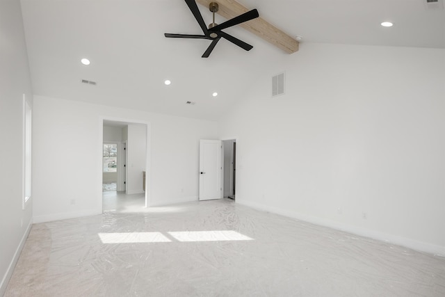 3619 Pennington Rd, Greer, SC 29651 - empty room featuring beam ceiling, a ceiling fan, recessed lighting, and high vaulted ceiling