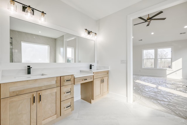 3619 Pennington Rd, Greer, SC 29651 - bathroom with double vanity, a ceiling fan, and recessed lighting