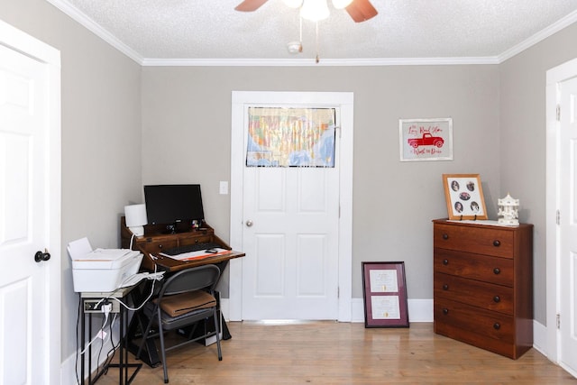 1218 Parker Rd, Enoree, SC 29335 - home office with a ceiling fan, wood finished floors, crown molding, and a textured ceiling