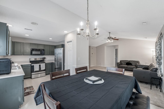 620 Thornbird Cir, Boiling Springs, SC 29316 - dining area featuring ceiling fan, a chandelier, vaulted ceiling, and recessed lighting