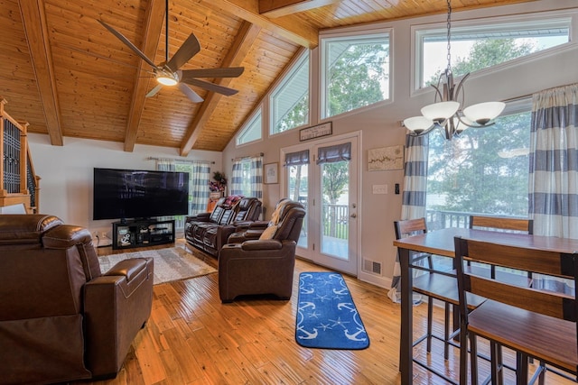 454 Chapman Dr, Inman, SC 29349 - living room featuring a chandelier, a wood ceiling with exposed beams, high vaulted ceiling, ceiling fan, and light wood finished floors