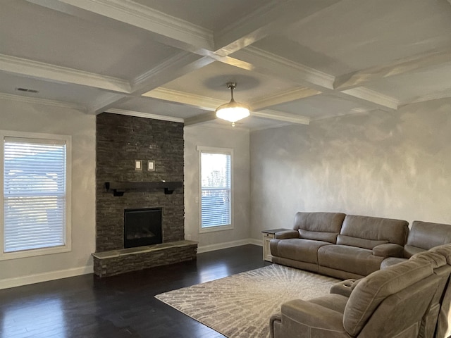 499 Gorham Dr, Boiling Springs, SC 29316 - living room with coffered ceiling, dark wood finished floors, beam ceiling, a fireplace, and crown molding