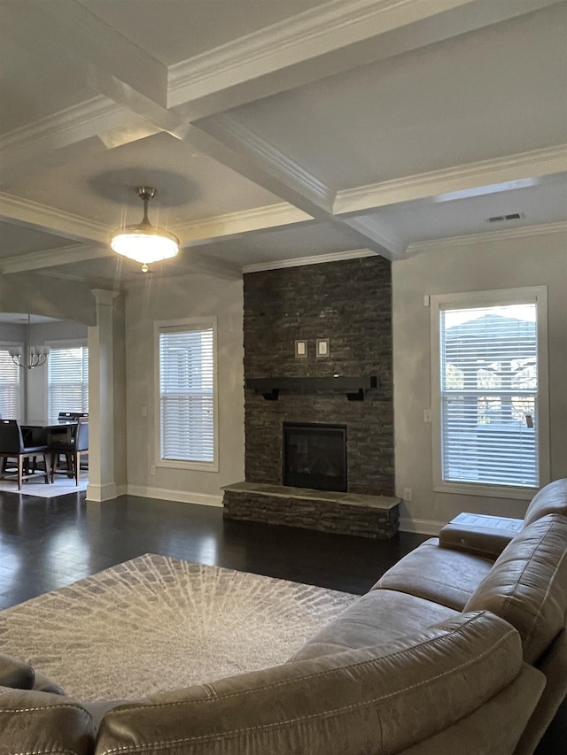 499 Gorham Dr, Boiling Springs, SC 29316 - living room featuring coffered ceiling, ornamental molding, beamed ceiling, a stone fireplace, and wood finished floors