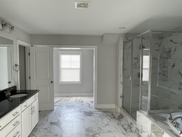 499 Gorham Dr, Boiling Springs, SC 29316 - full bath featuring vanity, a marble finish shower, marble look tile flooring, and recessed lighting