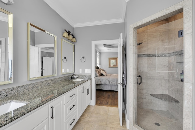 498 Double Bridge Rd, Boiling Springs, SC 29316 - ensuite bathroom featuring crown molding, double vanity, and a shower stall