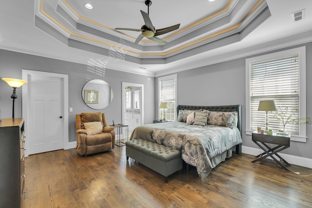498 Double Bridge Rd, Boiling Springs, SC 29316 - bedroom featuring a tray ceiling, crown molding, wood finished floors, recessed lighting, and connected bathroom